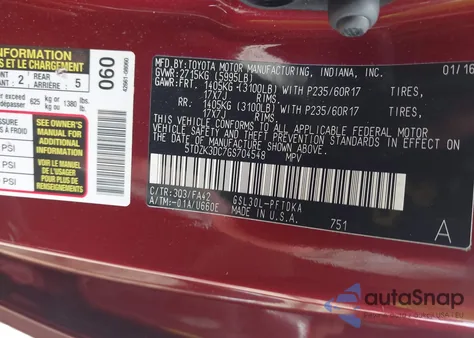 2016 Toyota Sienna L 7 Passenger z USA, uszkodzony, nr VIN 5TDZK3DC7GS704548